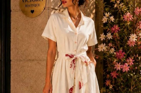 Klientja në fustan këmishë krem me rrip të kuq — modë greke, Victoria Boutique